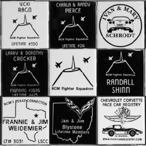 Grid of engraved 4x4 Entryway Wall Tiles at the National Corvette Museum featuring personalized names and Corvette-themed artwork.